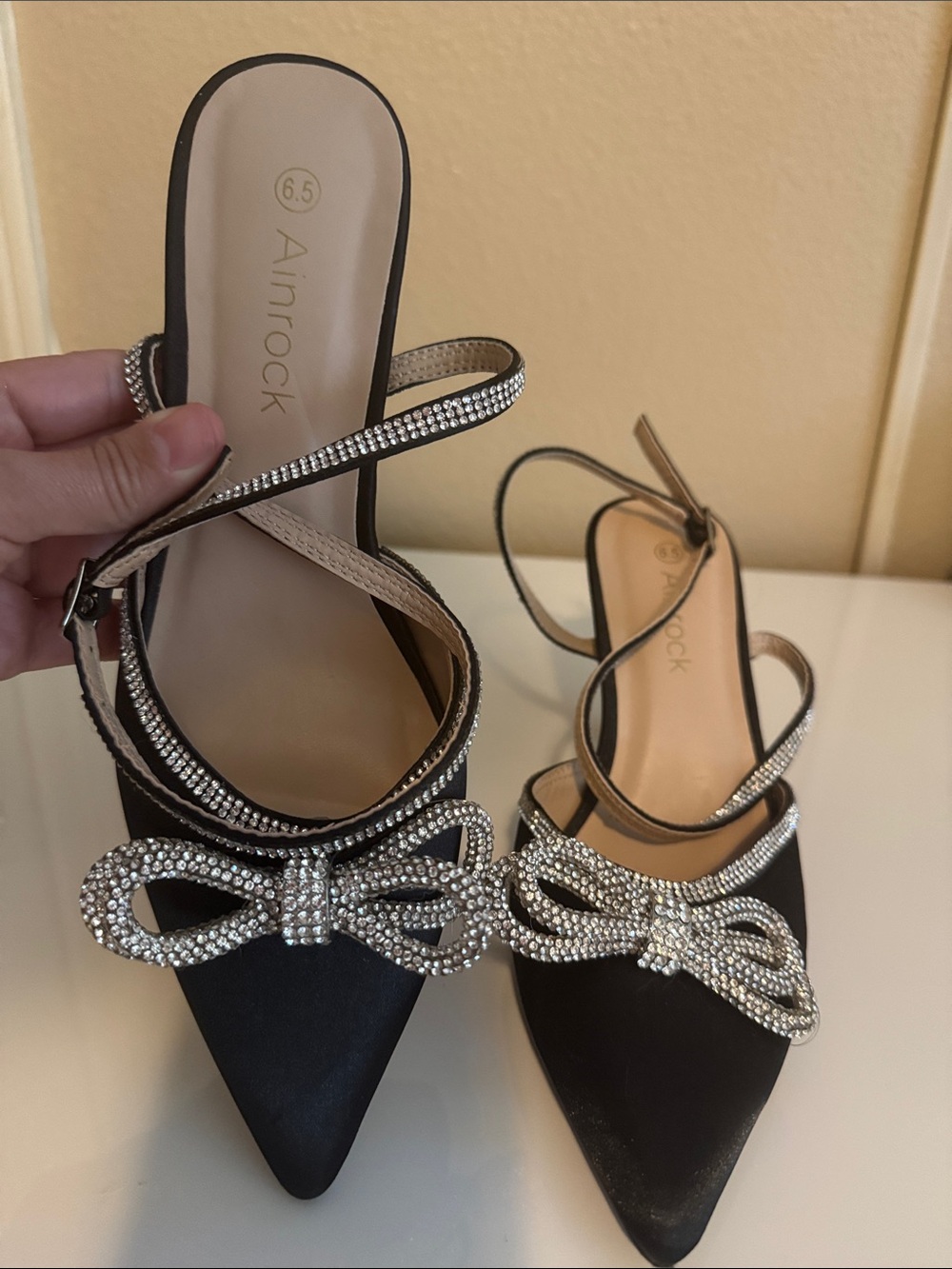 Amazon Black Satin Pointed-Toe Slingback Mules with Crystal Bow